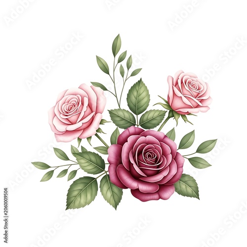 Watercolor roses with green leaves bouquet