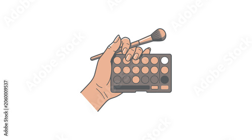 Illustration of a hand holding a makeup brush over an eyeshadow palette