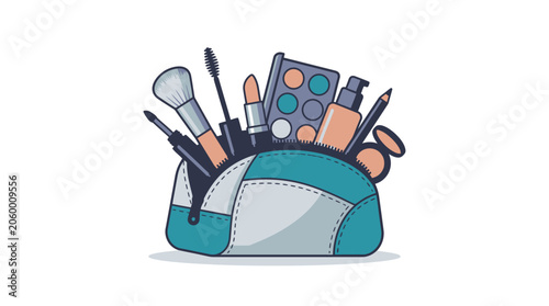 Illustration of a teal cosmetic bag filled with makeup brushes and palettes