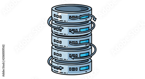 Illustration of a stack of database server units with network cables and digital data storage concept