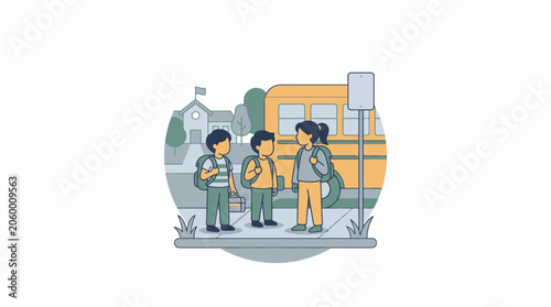 Illustration of school children and teacher beside a school bus in a residential neighborhood