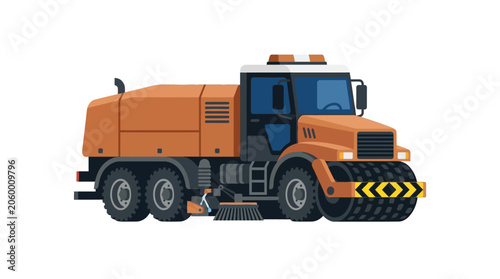 Industrial heavy duty snow plow truck with yellow safety stripes on white background