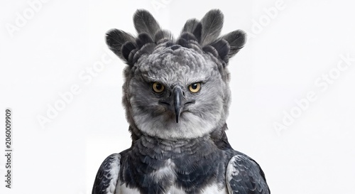 A close portrait of a Harpy Eagle featuring its striking gray feathers and intense yellow eyes.