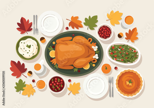 A Thanksgiving feast with roasted turkey and autumn decorations
