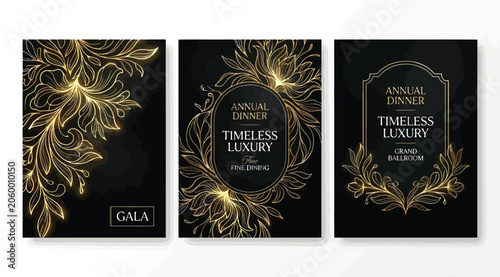 Foto Set of luxury gala invitation card templates with gold floral ornaments