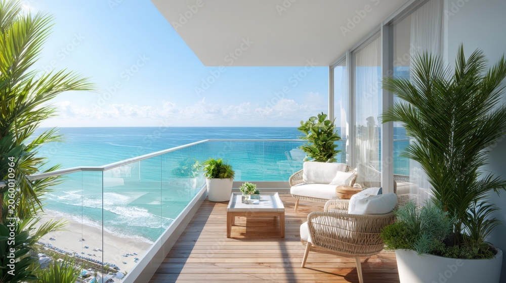 Fototapeta premium Bright Morning Balcony Overlooking Turquoise Ocean from a Coastal Condo