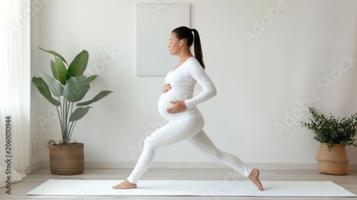 A pregnant woman practicing prenatal yoga on a mat in a clean modern and bright living room embodying health and tranquility
