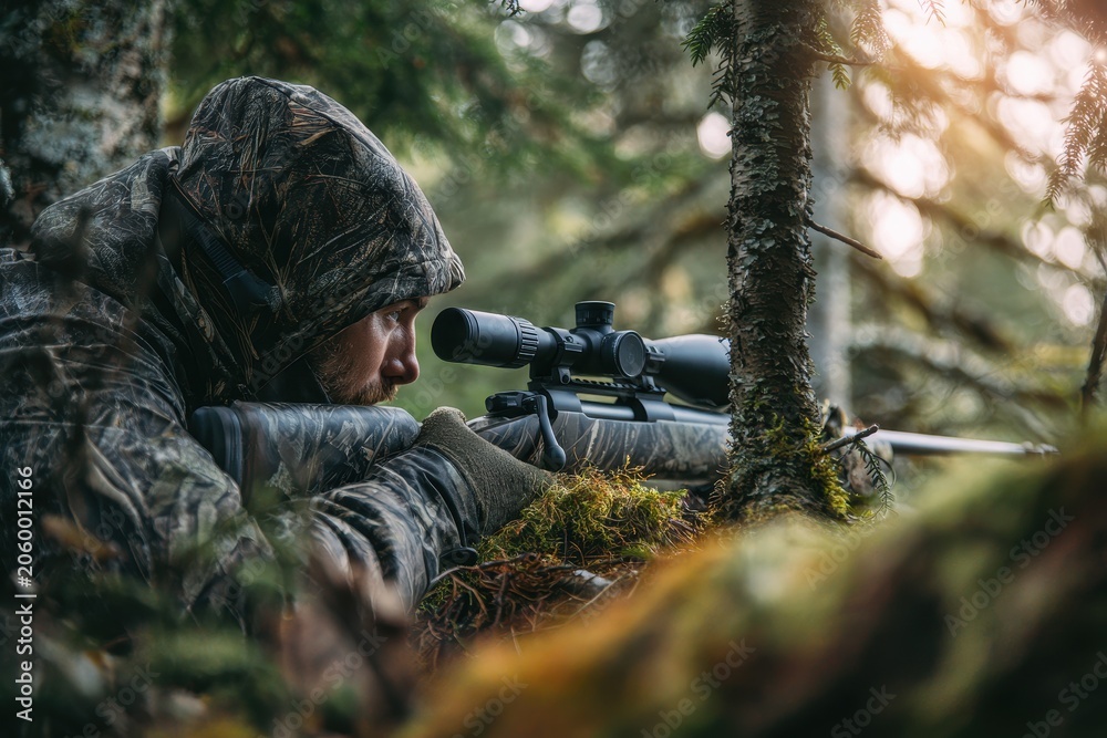 Fototapeta premium Camouflaged hunter peering through a rifle scope in a forest