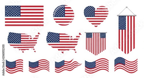 Collection of united states flag in various shapes, including maps, hearts, and waving flags