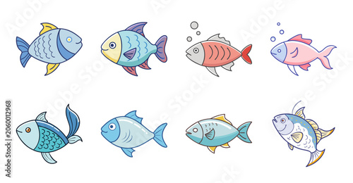 Colorful cartoon fish swimming in a row - A cheerful set of eight cartoon fish in vibrant colors swimming side by side in a playful, animated style.