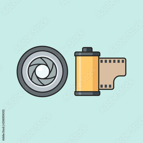 A camera lens and a roll of film on light background