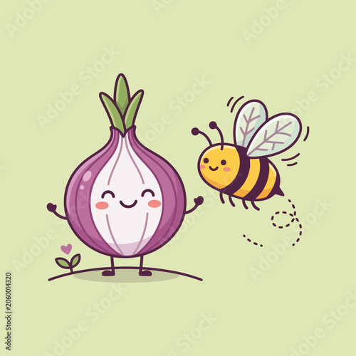A cute cartoon onion character smiles at a friendly flying bee