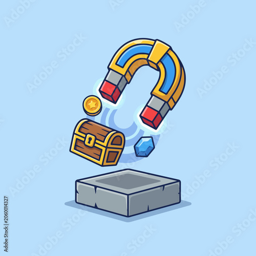 A large magnet attracts a treasure chest and gold coins
