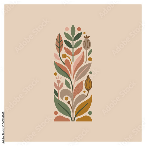 A vertical botanical illustration featuring stylized leaves and plants
