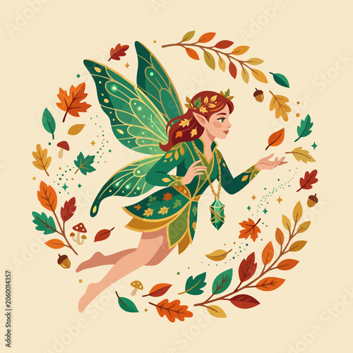 A magical autumn fairy flies inside a colorful leaf wreath