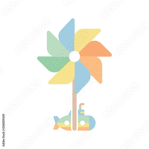 A colorful toy pinwheel attached to a small submarine illustration