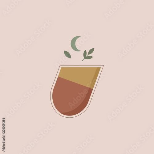 A minimalist graphic illustration of a cup with a crescent moon