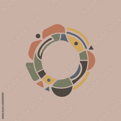 A circular abstract design with muted earth tone geometric shapes