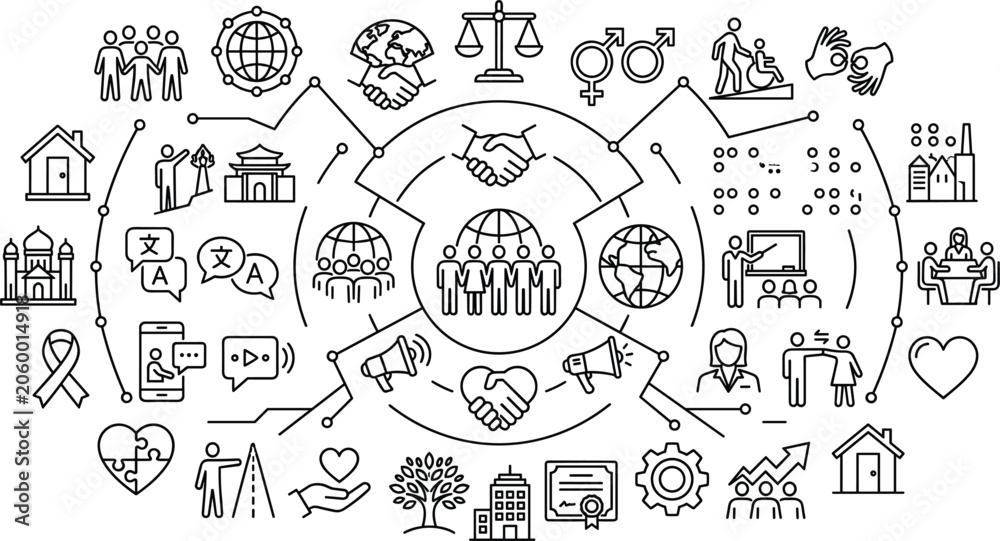 Fototapeta premium Illustrated icons representing global society, equality, and community values