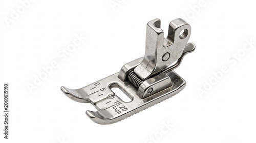 Metal sewing machine presser foot detail on white background  