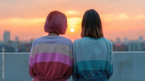 The warm hues of dusk create a serene atmosphere as two people gaze at the urban panorama from a rooftop fostering a sense of shared peace and connection