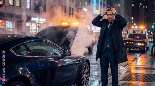 Stressed businessman standing near smoking broken car on city street at night. Professional man despairing over vehicle breakdown. Roadside emergency, transportation failure and trouble