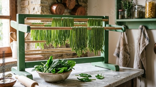 Spinach pasta drying on green rack in rustic kitchen environment  