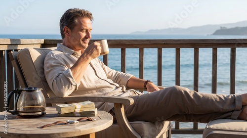 Caucasian man resting in chair on balcony overlooking ocean with coffee and stack of money. Relaxed businessman enjoying morning with wealth. Financial freedom and vacation lifestyle concept