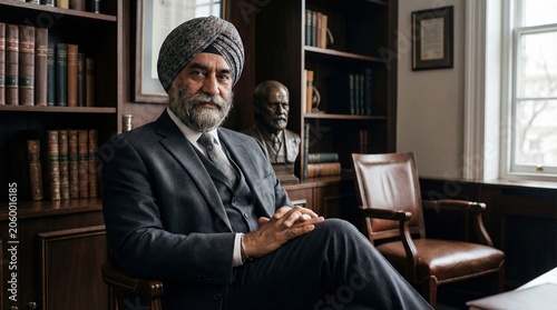 Sikh man psychologist with grey beard and turban wearing formal suit sitting in leather chair in office with bookshelves. Professional psychologist consultation and mental health leadership