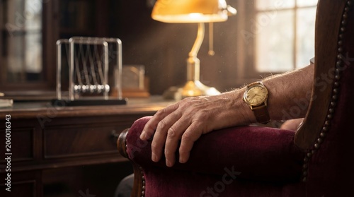 Close up of caucasian man psychologist hand with watch resting on red velvet chair armrest in office with newton cradle on desk. Psychology consultation and mental health therapy banner, copy space