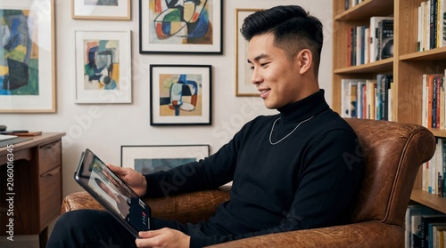 Young asian man psychologist sitting in leather armchair holding tablet during video call consultation. Online therapy and mental health support