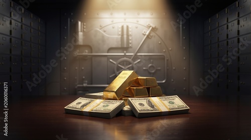 Gold bars and cash stack inside bank vault. Security room with precious metal and currency. Wealth, financial savings and investment concept. Banking asset and economic prosperity