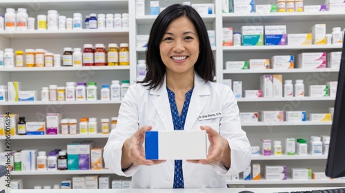 Asian woman pharmacist wearing white coat holding blank medication box and smiling in pharmacy. Healthcare service and medical prescription assistance