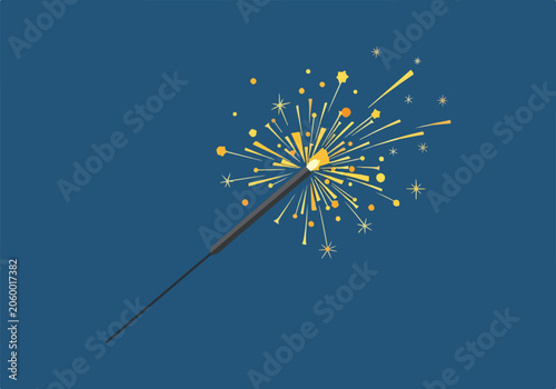 A sparkler with yellow sparks on blue background