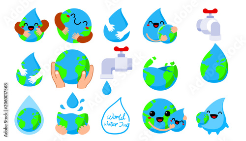 World Water Day icons collection, water conservation, save water awareness, earth protection, sustainable environment illustrations