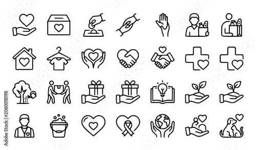   Charity, volunteer, donation and social support icon set
