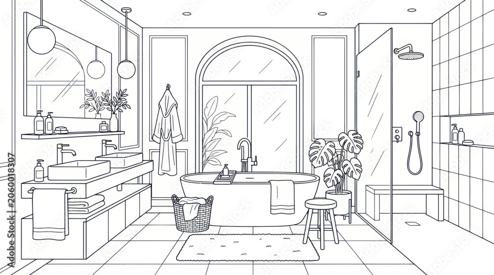 Fototapeta premium Modern Bathroom Line Art Sketch - Bathtub, Shower, Double Sink, Plants