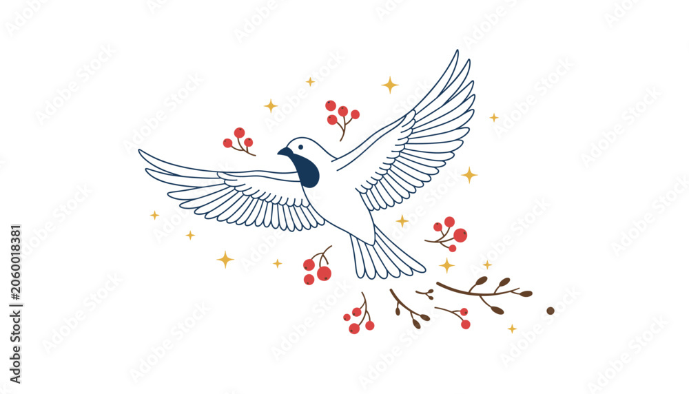 Obraz premium Flying dove bird with red berries branch vector illustration