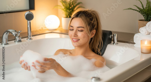 自宅スパのようなバスルームで目を閉じて泡風呂を堪能する女性
