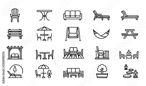 Minimalist Outdoor Furniture & Patio Vector Icon Set - Black Line Art Chairs, Tables, Hammock & Garden Furniture on White Background