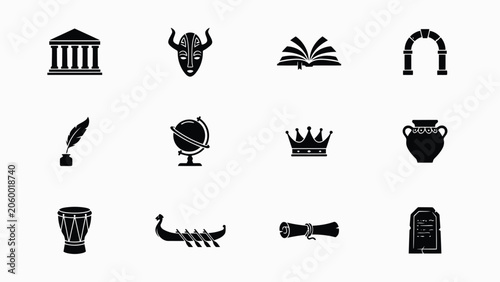 Konstfotografi Ancient history artifacts collection building mask book arch quill globe crown amphora drum