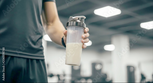 Close up of a sportsman holding a protein shaker bottle in the gym