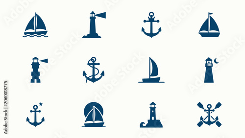 Nautical symbols sailboat lighthouse anchor ship wheel rope dolphin starfish seashell.