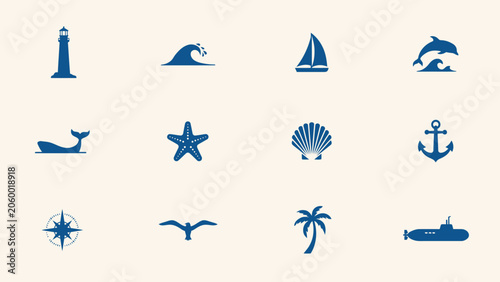 Blue ocean theme icon set with lighthouse wave sailboat dolphin whale star shell anchor.