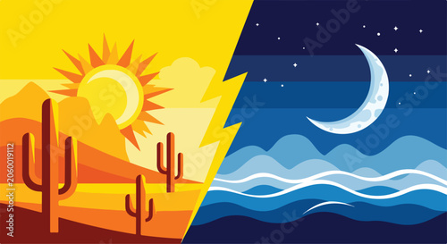 A split illustration of desert and sea
