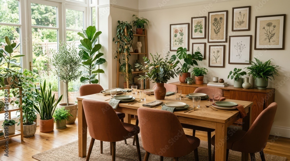 Fototapeta premium Elegant dining room filled with lush green houseplants and botanical art