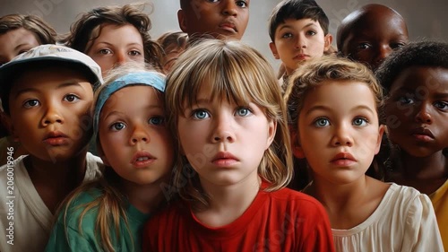 A Collective Gaze: A diverse group of children, their eyes wide with wonder and curiosity, peer upwards in a moment of shared anticipation.