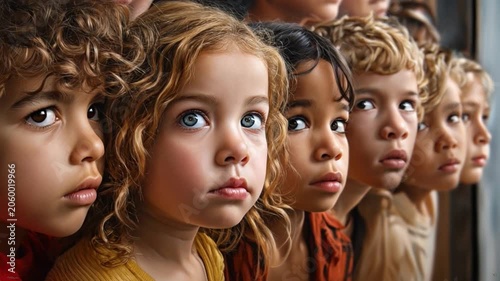 Curiosity in Young Eyes: A close-up portrait showcases the diverse faces of children, their innocent eyes reflecting a mix of wonder, curiosity, and youthful innocence.