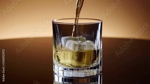 Pouring whiskey over ice in a crystal glass. A moment of indulgence and relaxation, perfect for celebrations or unwinding after a long day