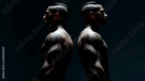 Two muscular men with intricate tattoos standing back to back in dramatic lighting. Symbolizing strength, individuality, and body art culture
